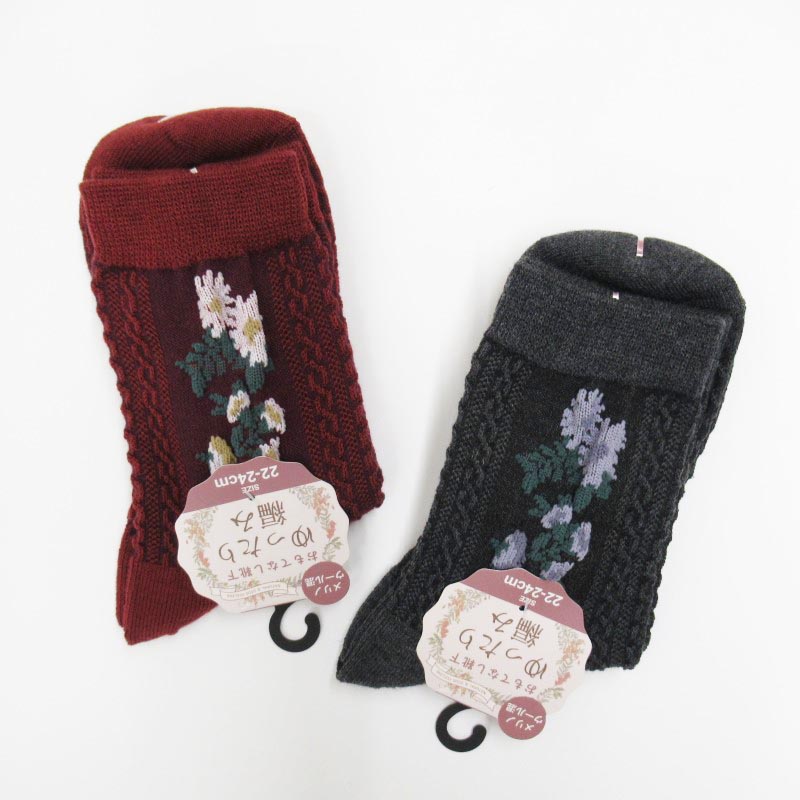 おもてなし靴下 クルーゆったり編み /サイド花柄